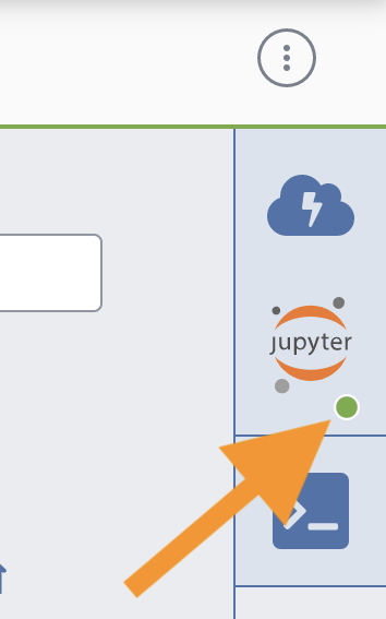 Screenshot of the Jupyter logo in the sidebar with an arrow pointing to the green dot indicating that the cloud environment VM is running.