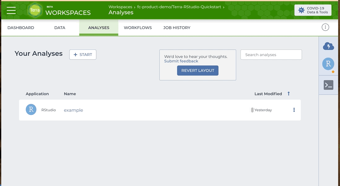Screen capture of starting an RStudio instance by resuming a paused Cloud Environemnt following the instructions above.
