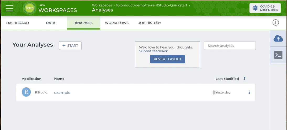 Screen capture of launching RStudio from an .Rmd file by clicking on the .Rmd file's name, clicking 'open,' then clicking 'create' to create an RStudio cloud environment. Once the cloud environment is ready, you will see a green dot under the R icon on the right-hand panel of your workspace's screen.