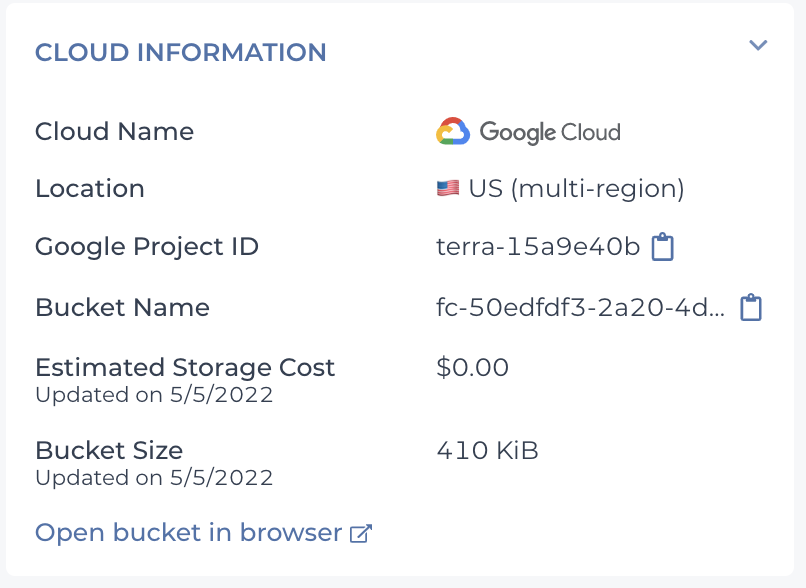 Screenshot showing the Cloud Information section displayed on an example workspace's dashboard.