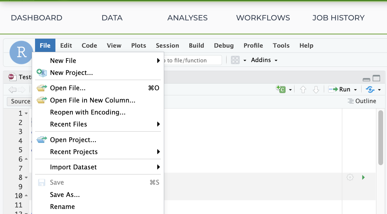 Screenshot of RStudio instance in a Terra workspace with the File menu dropdown expanded. The save as option is visible at the bottom of the dropdown.