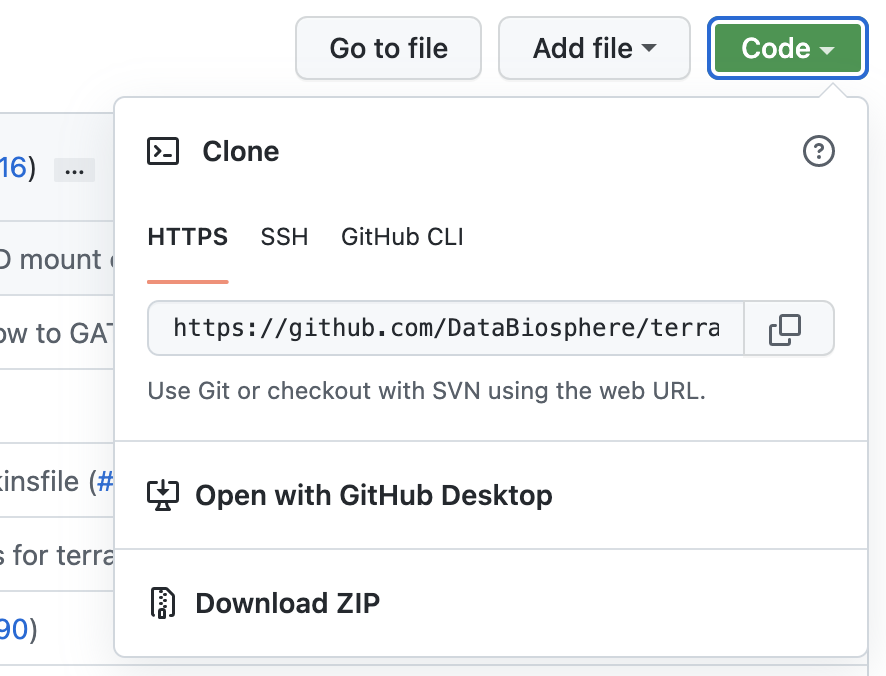 Screenshot of GitHub repo page with green code button in upper right and URL https://gitbub.com/DataBiosphere/terra in https tab with copy icon at right