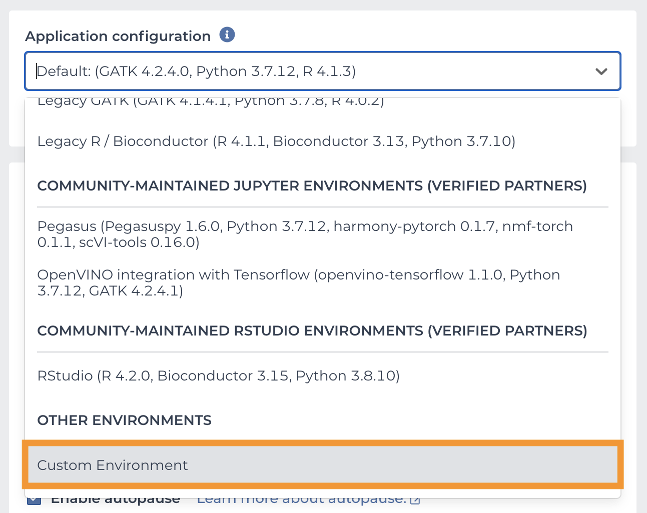 Screenshot of Application Configuration dropdown with the custom environments under other environments circled