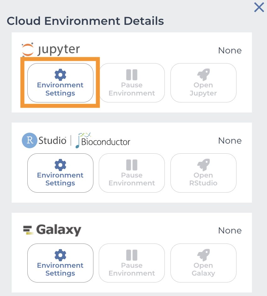 Screenshot of Cloud Environment Settings configuration pane with Jupyter gear icon at the top left circled.
