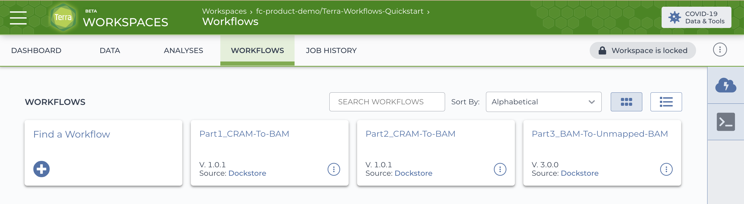 Screenshot showing the workflows available in an example workspace's Workflows tab.