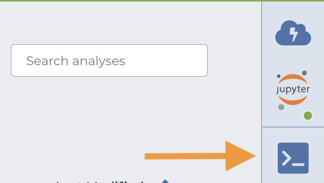 Screenshot showing the button with a terminal icon used to launch the Cloud Environment's command line tools. An orange arrow highlights this button.