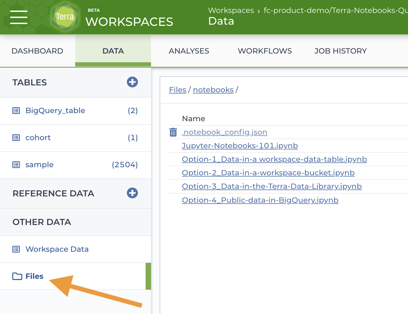 Screenshot showing the notebook files listed in the workspace storage section of the Data tab. An orange arrow highlights the files button on the left-hand panel of this tab.