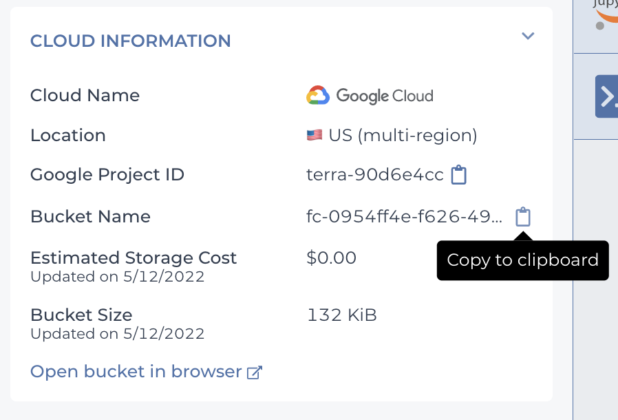 Screenshot showing the cloud information displayed on the workspace's dashboard page. The cursor is hovering over the clipboard icon next to the Bucket Name, and a tooltip displays the message 'copy to clipboard.'