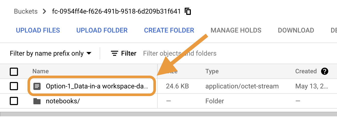 Screenshot of the GCP console view of this workspace's bucket. An orange box and an orange arrow highlight an .ipynb file that is listed above the 'notebooks' directory.