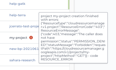 Screen shot of billing page with red exclamation point icon indication that Billing project failed to create