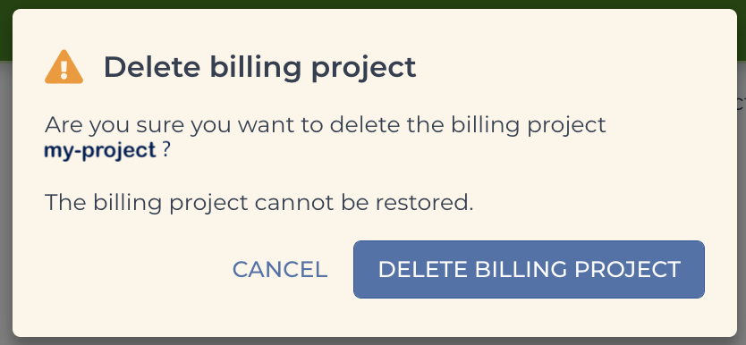 Screen shot of Delete billing project Confirmation popup
