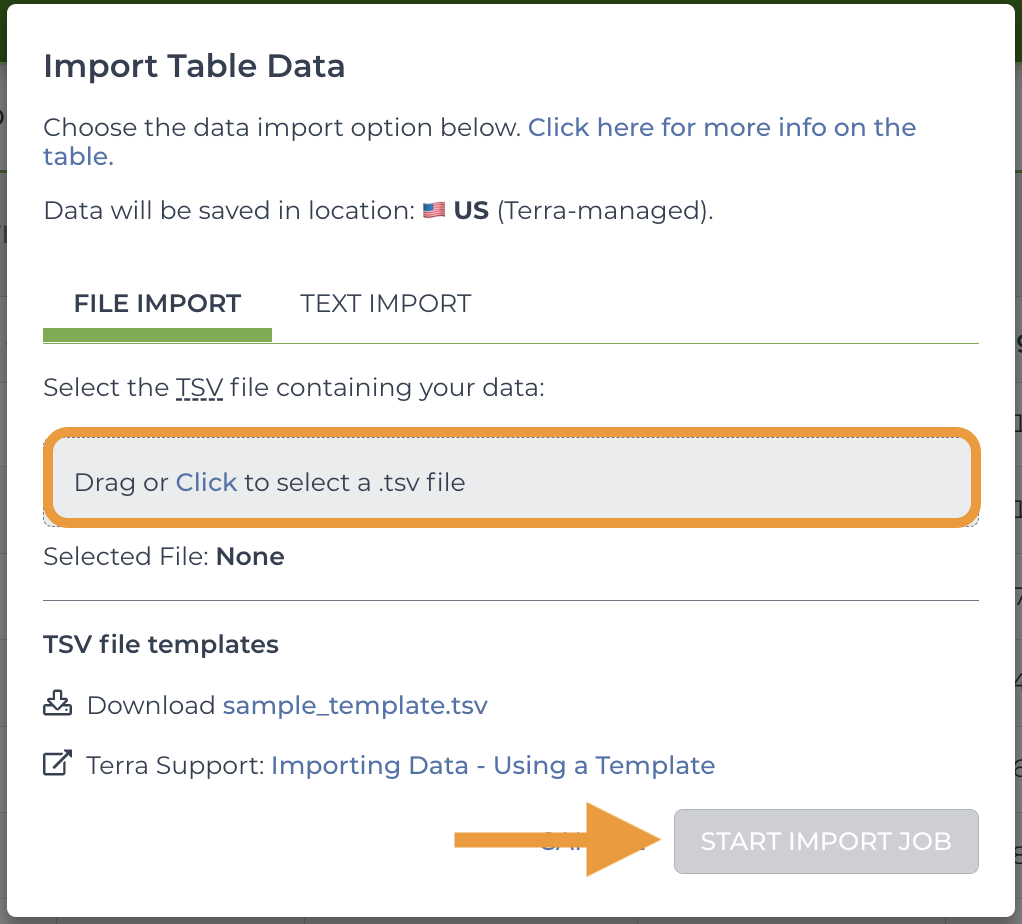 Screenshot of the window used to upload a load file to create a table. The image is annotated with an orange box to highlight the section used to upload a file and an orange arrow to highlight the 'start import job' button.