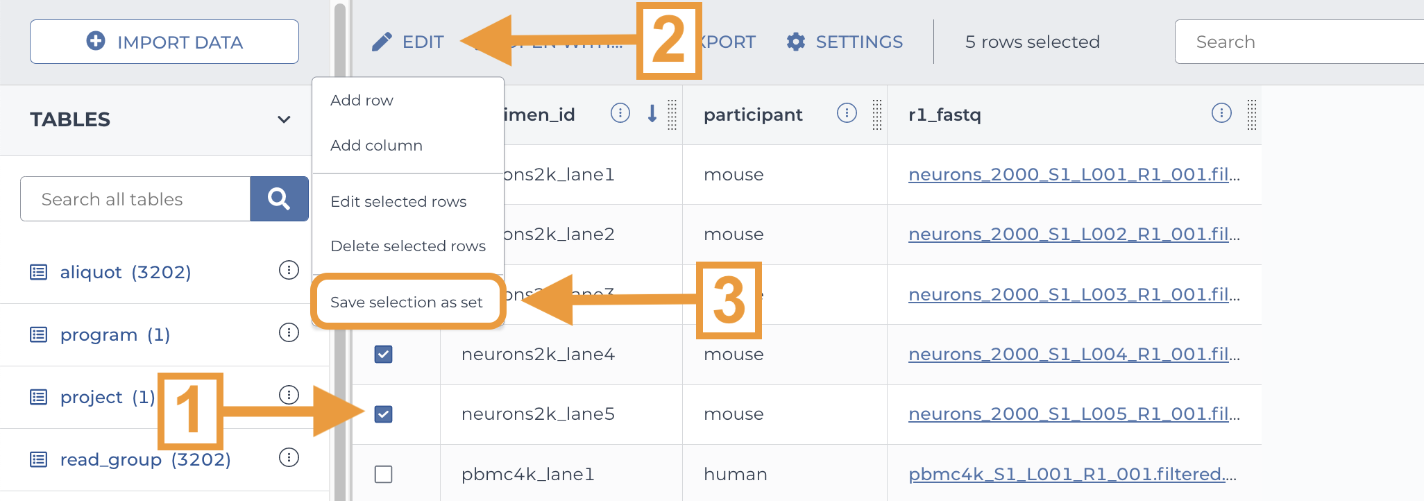 Screenshot showing how to create a set from the samples stored in an existing entity table in Terra. First, use the checkboxes to select the rows of the samples you want to include in the set. Then, click the edit button with the pencil icon and select 'save selection as set'.