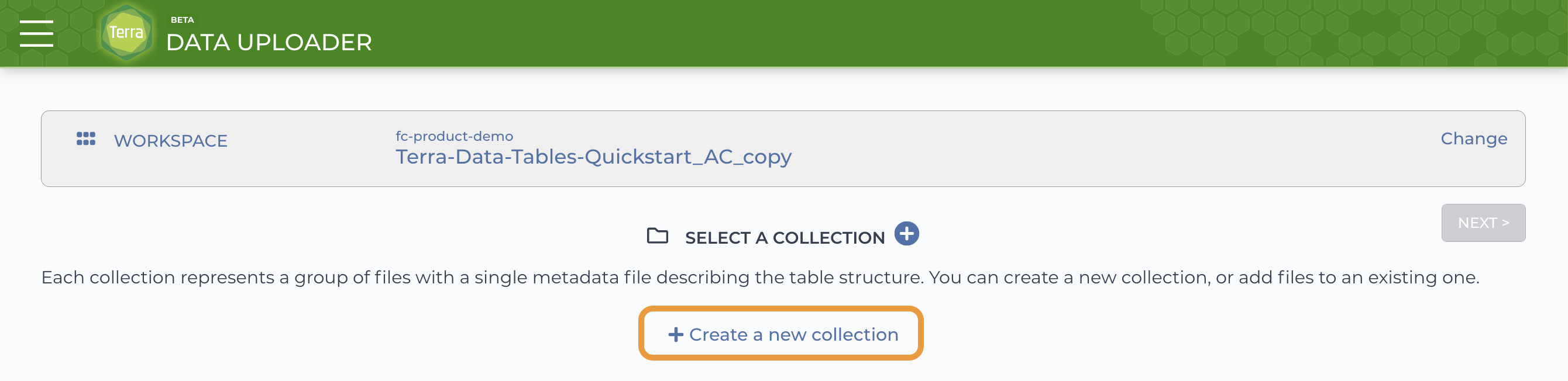 Screenshot of the Data Uploader page in Terra with the 'Create a new collection' option highlighted.