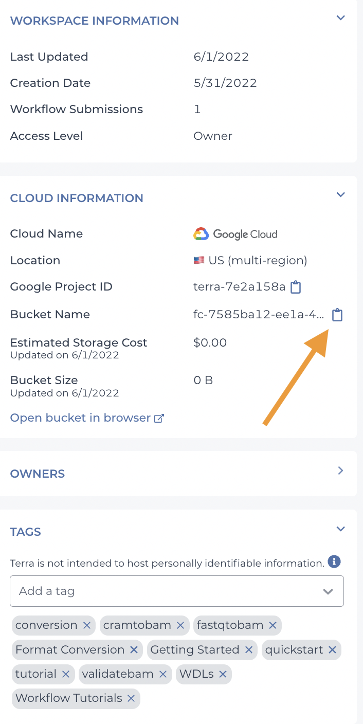 Screenshot of Cloud Information section in the right-hand side of the workspace dashboard with an arrow pointing to the clipboard icon to the right of the workspace bucket name