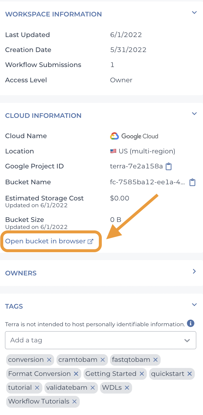 Screenshot of cloud information section in the right column of the workspace dashboard with an arrow pointing to the open bucket in browswer link