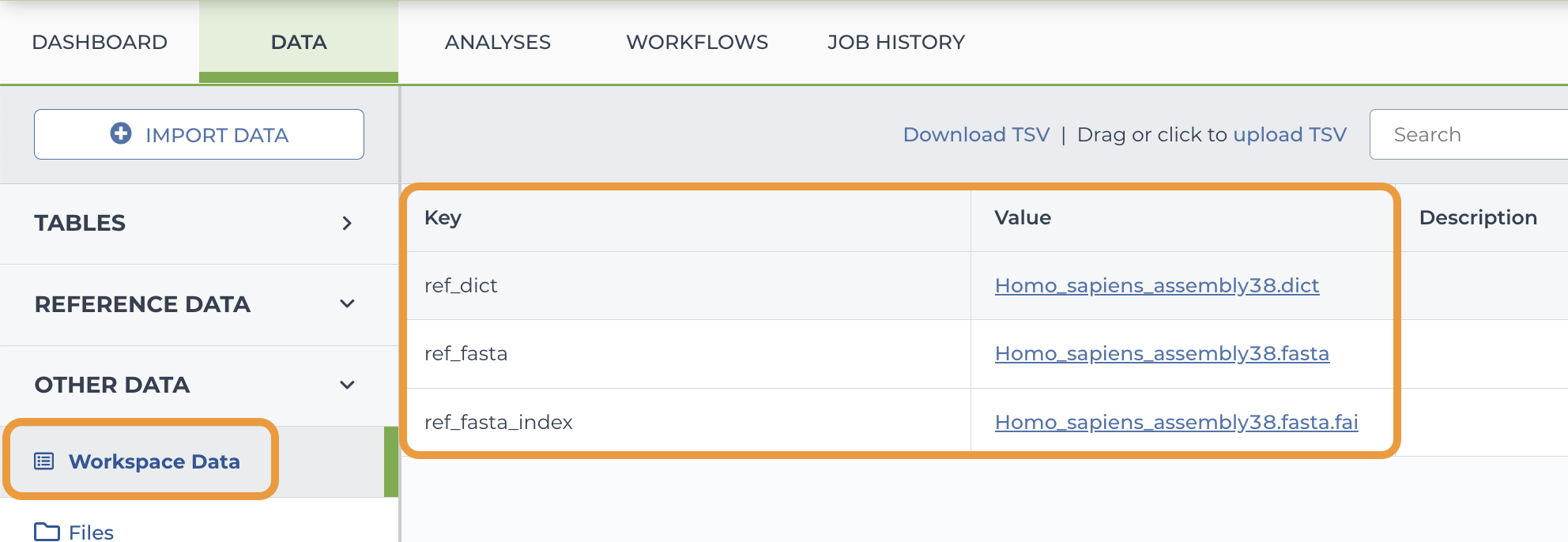 Screenshot of the workspace data page with workspace data under other files circled on the left and three reference files in the center ref_dict, ref_fasta, and ref_fasta_inxed highlighted