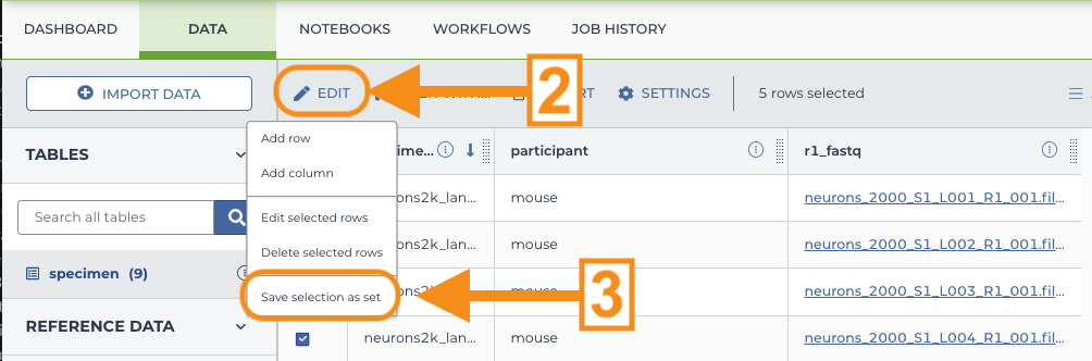 Screenshot of expanded specimen table in data page with arrow highlighting 'Edit' icon (step 2) and 1Save selection as set' option (step 3)
