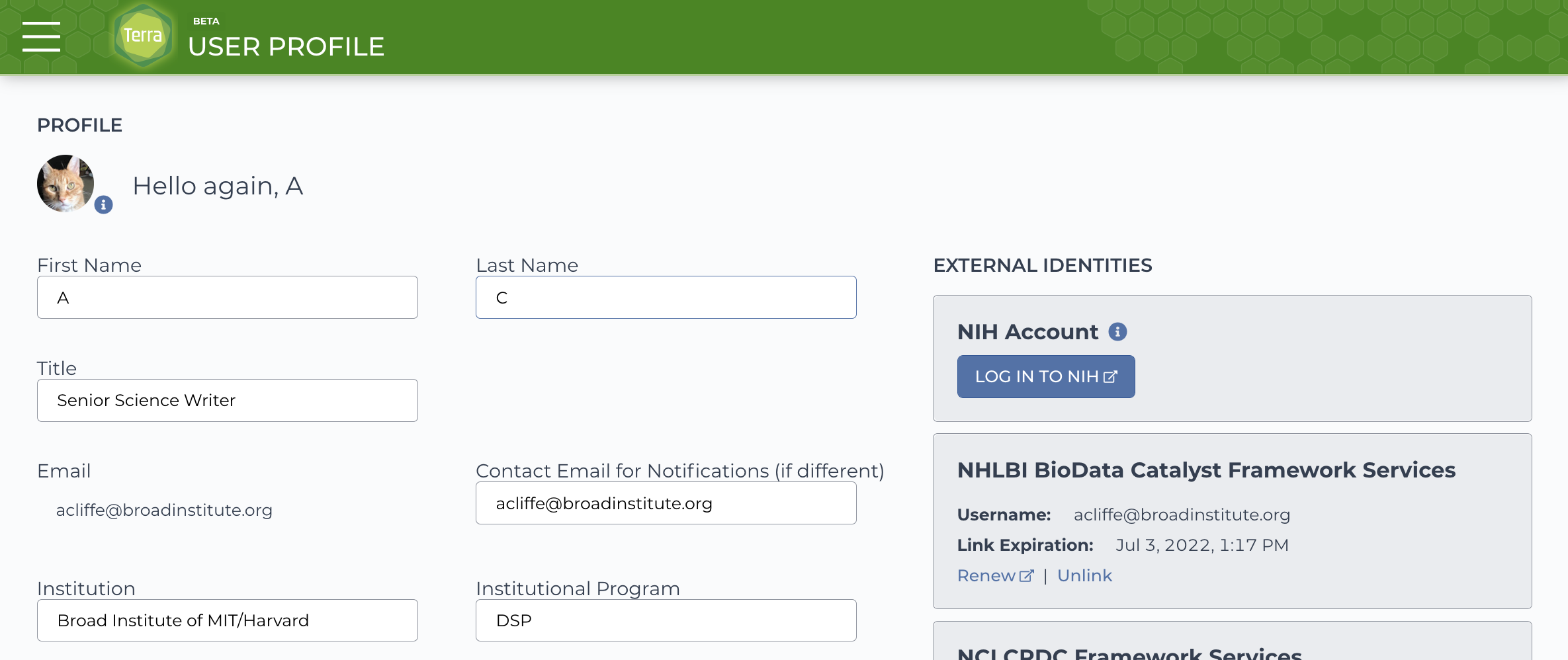 Screenshot of Profile page with linked external identities (NIH account) at the left.
