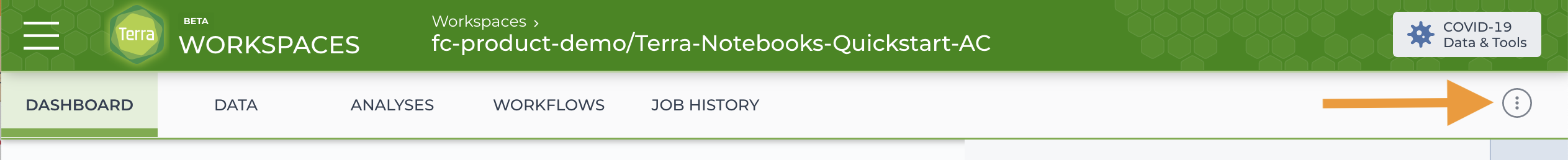 Screenshot of workspace header with three vertical dot at the top right highlighted