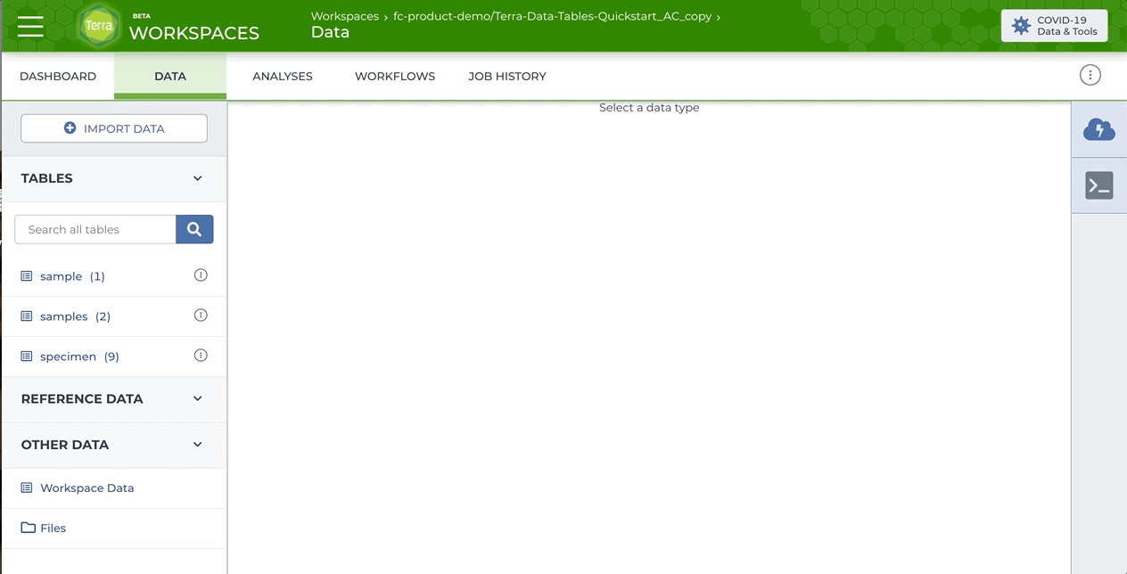 A moving gif image showing someone navigating through the Data Tables and Files sections of the Data Page within Terra.