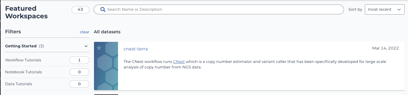Screenshot of an example preview card for a featured workspace. The card includes the workspace's name and the first few lines of the documentation from the workspace's dashboard.