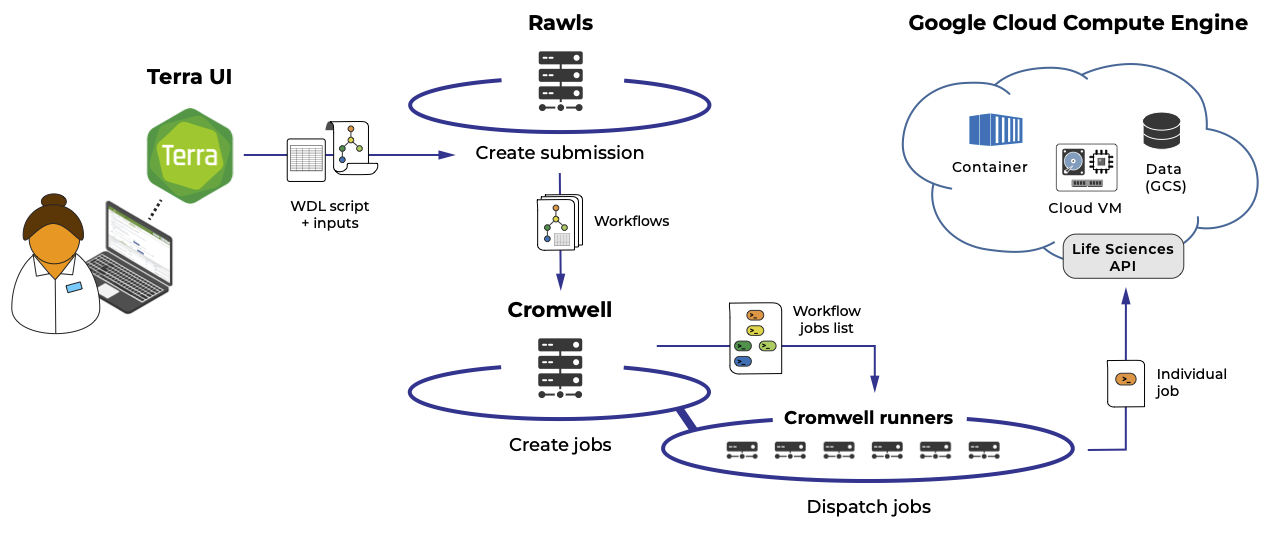 Diagram of how the Terra UI, Rawls, Cromwell and Google Cloud work together to run a workflow. A researcher launches a workflow from the Terra User Interface. Then, the Rawls sub-system creates a workflow submission, which it sends to the Cromwell execution engine. Cromwell creates individual jobs to run the workflow's commands, which it dispatches job by job to the Google Cloud Compute Engine.