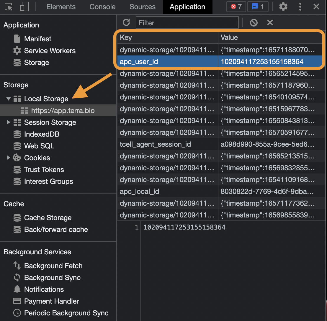 Screenshot showing the Application menu in the Chrome developer tools. An orange arrow highlights the Local Storage section and an orange rectangle highlights the section of data that includes 'apc_user_id'.