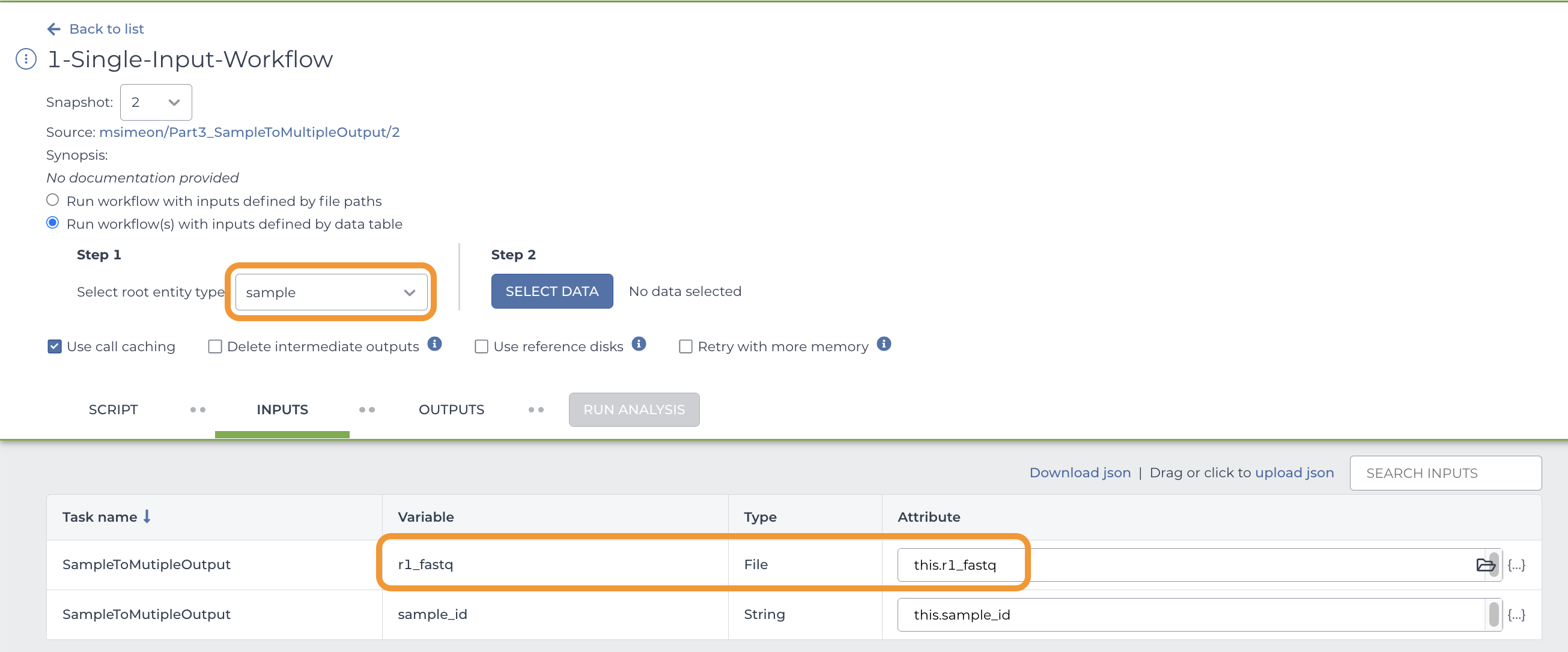 Screenshot showing the configuration menu for an example workflow. An orange box highlights the drop-down menu used to select the root entity for the workflow. Another orange box highlights the first input attribute for the workflow.