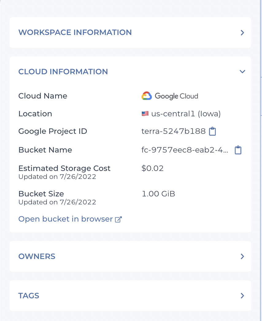 Screenshot of Cloud Information section in right column of workspace dashboard
