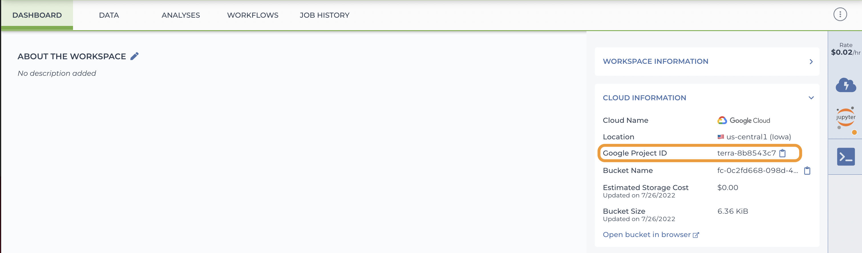 Screenshot of workspace dashboard with the cloud information section on the right expanded to show the highlighted Google project ID