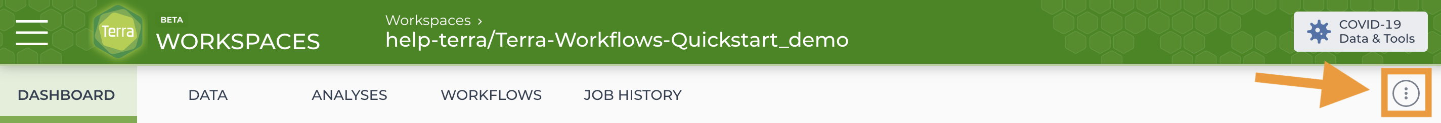 Screenshot of the Dashboard of the Terra Workflows Quickstart workspace. The image is annotated to include an orange box and arrow highlighting the three-dot menu in the upper right-hand corner of the workspace.