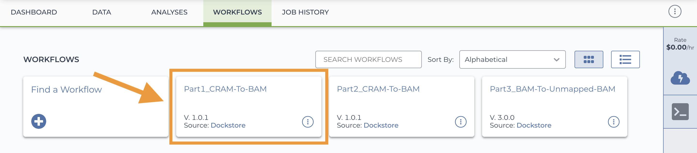 Screenshot of the Workflows tab of the Terra Workflows Quickstart workspace. The image is annotated with an orange box and arrow to highlight the Part1_CRAM-to-BAM workflow card.