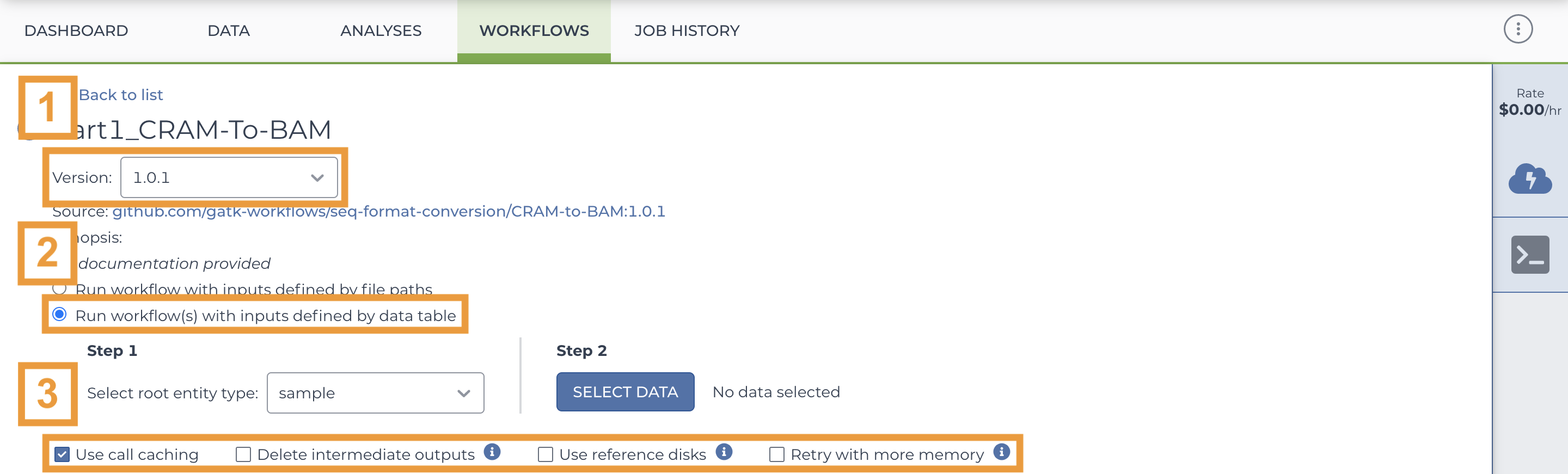 Screenshot of the workflows configuration page for the Part1_CRAM-to-BAM workflow. The image is annotated with orange boxes and numbers to highlight the runtime options described below.