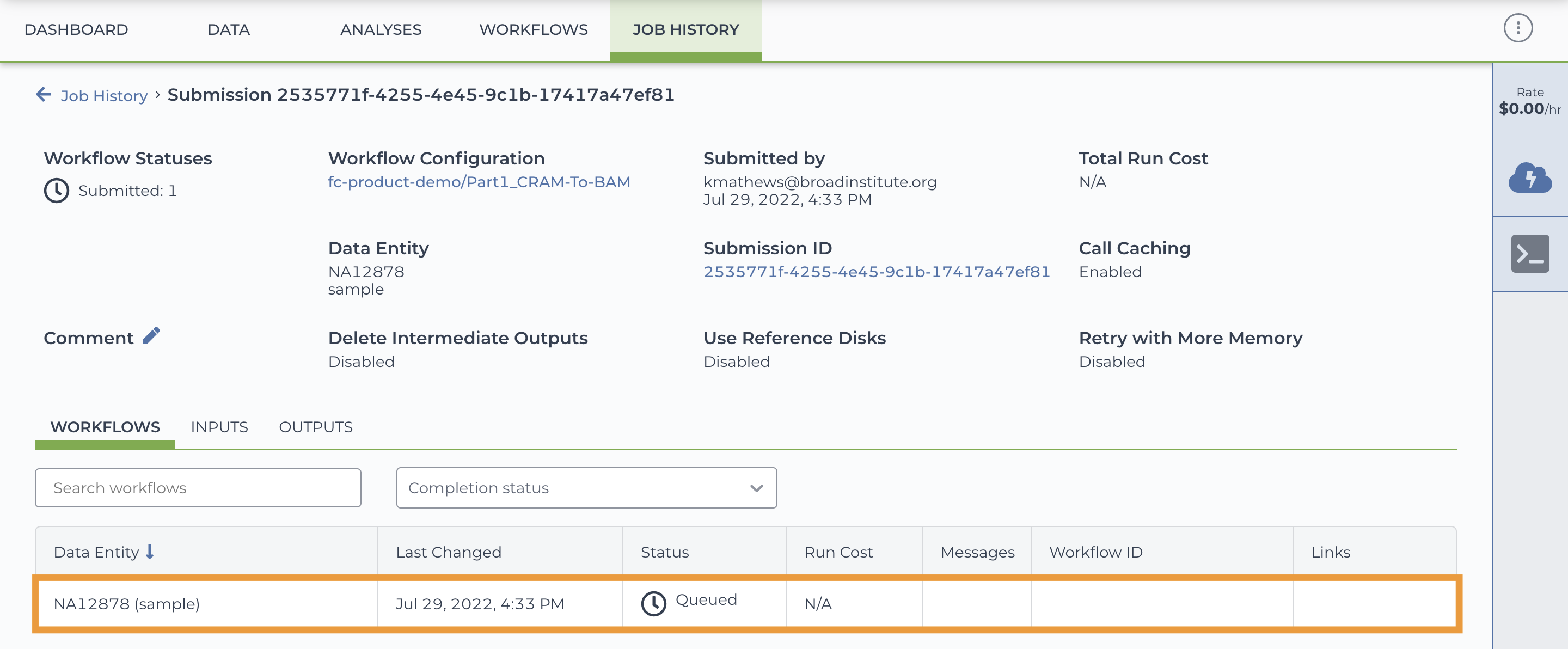 Screenshot of the Job History page annotated to highlight the job submission.