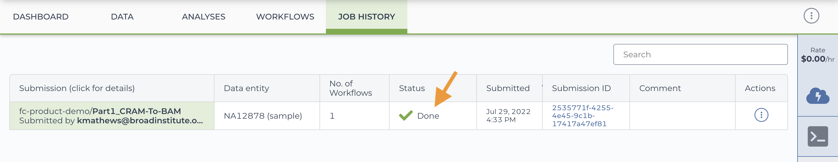 Screenshot of the Job History page after a job has finished running. The image is annotated with an orange arrow to highlight that the job status has been updated to done.