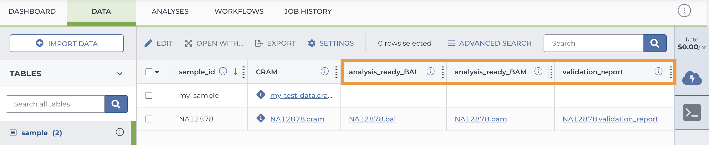 Screenshot of the Sample table in the Data tab of the Terra Workflows Quickstart workspace. The image is annotated with an orange box to highlight the analysis_ready_BAI, analysis_ready_BAM, and validation_report columns that were added to the table after the completion of the Part1_CRAM-to-BAM workflow.