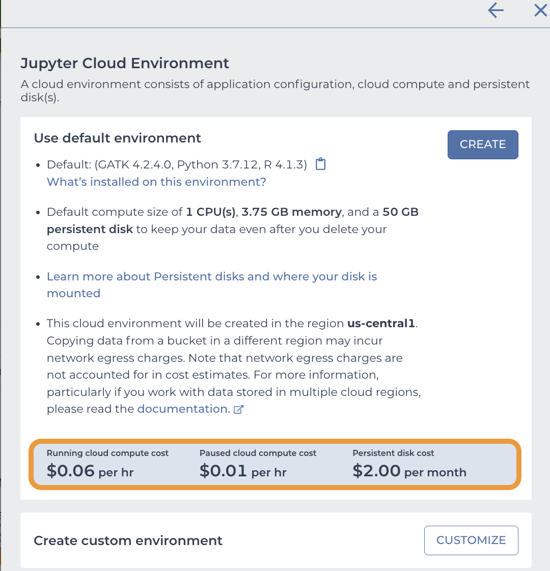 Screenshot of Jupyter Cloud Environment cloud costs