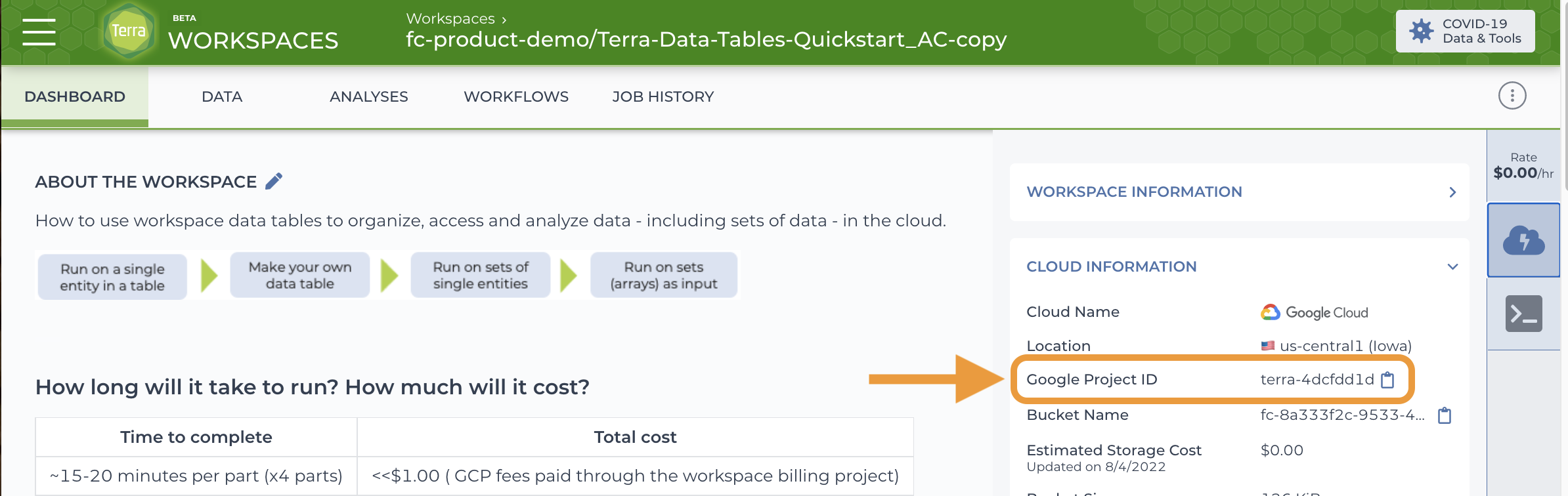 Screenshot of workspace Google project in Dashboard