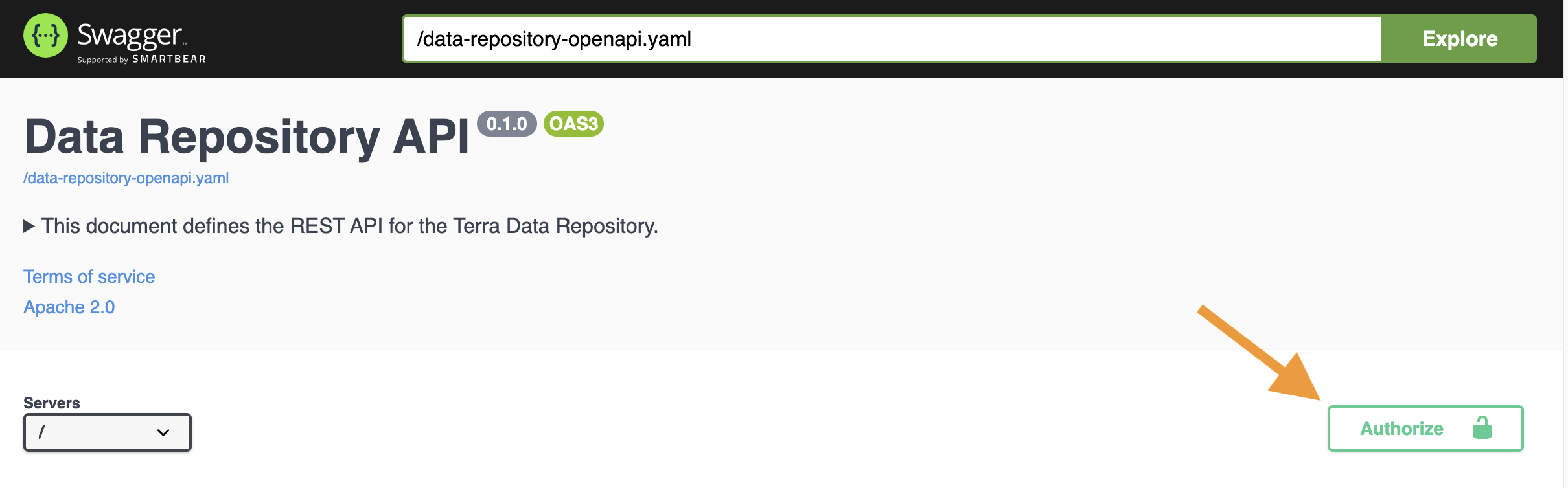Screenshot of the TDR API endpoints on Swagger. An orange arrow highlights the 'Authorize' button at the top right of the screen.