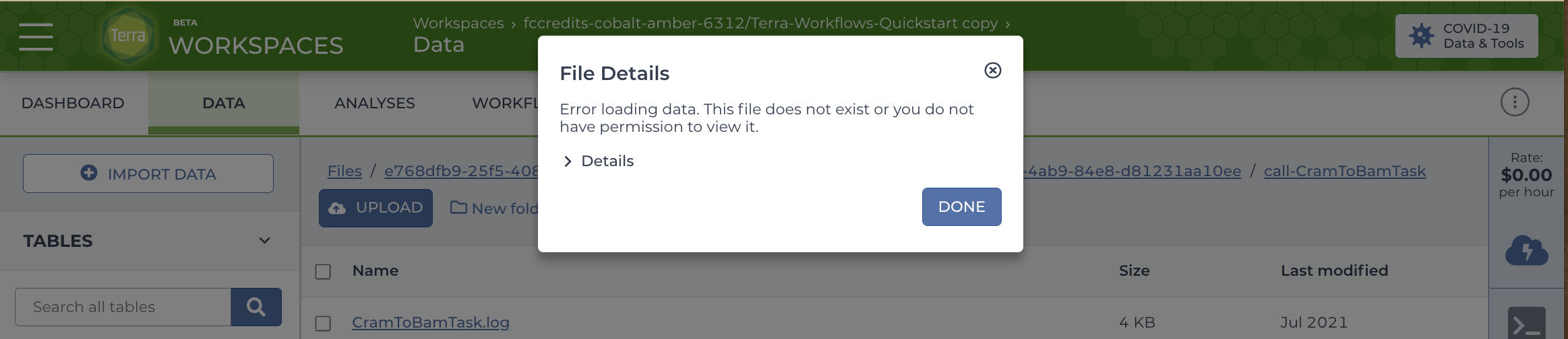 Screenshot of error popup that reads 'File Error Error loading data the file doesn't exist or you don't have permission to view it