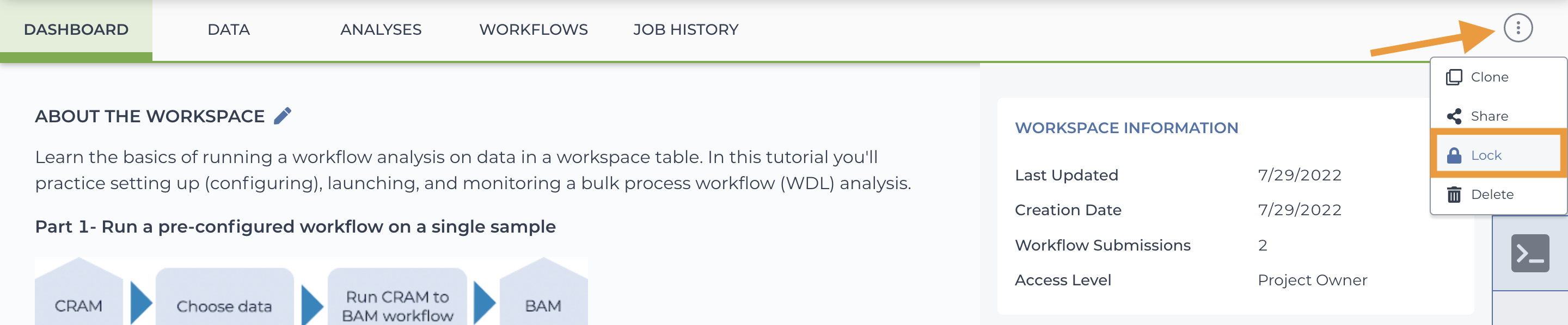 Screenshot of an example workspace annotated with an orange arrow to highlight the three vertical dot icon and box to highlight the lock workspace option.