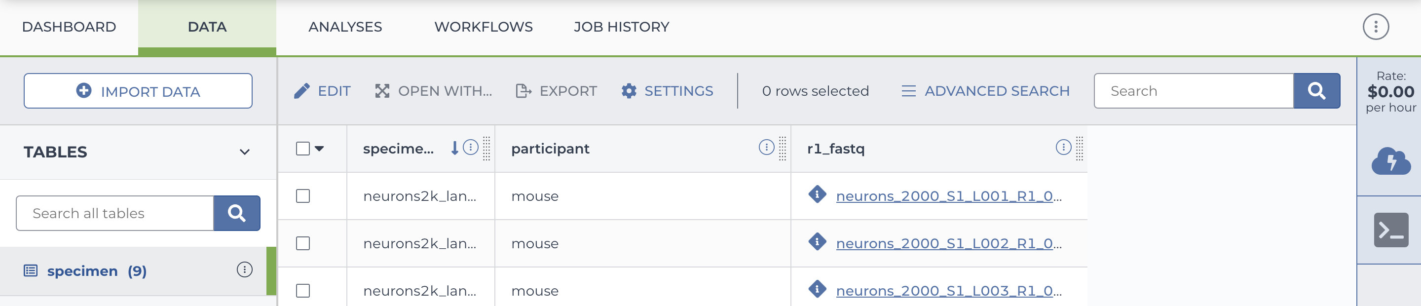 Screenshot of a data table in the Data tab of an example workspace.