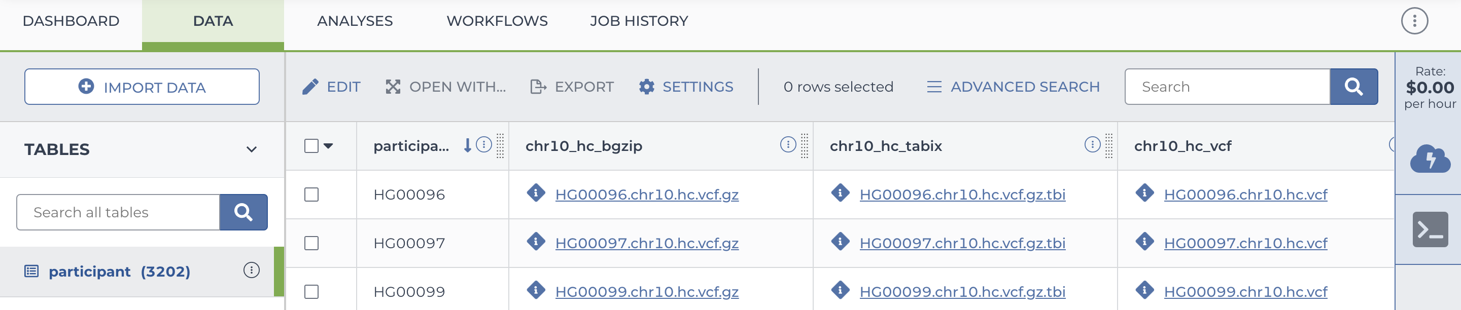 Screenshot of the participant table in the Data tab of an example workspace.