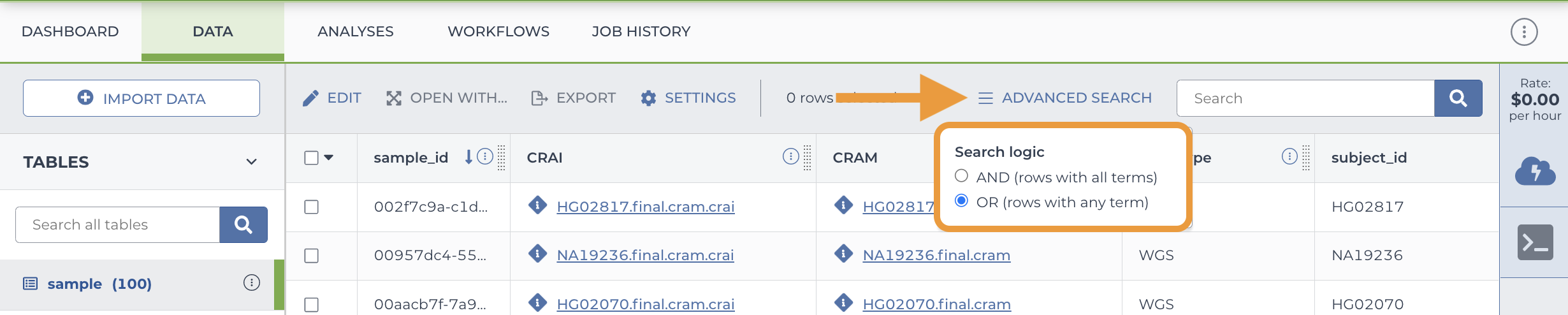 Screenshot showing a data table from an example Terra workspace. An orange arrow highlights the 'Advanced Search' menu at the top of the table. An orange arrow highlights the Search Logic options that appear when you click on the advanced search menu: 'AND' and 'OR'.