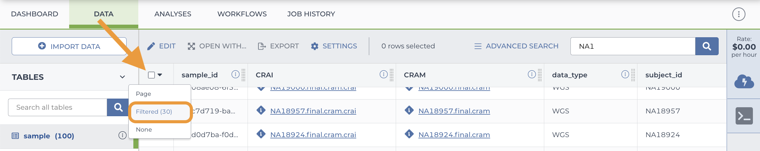 Screenshot of an example workspace's Data tab. An orange arrow highlights the check-box at the top left of the table. Beneath the check-box is the menu of options that appear when you click the down-arrow to the right of the check-box. An orange box highlights the 'Filtered' option in this menu, which is used to select the rows that met the filtering criteria.