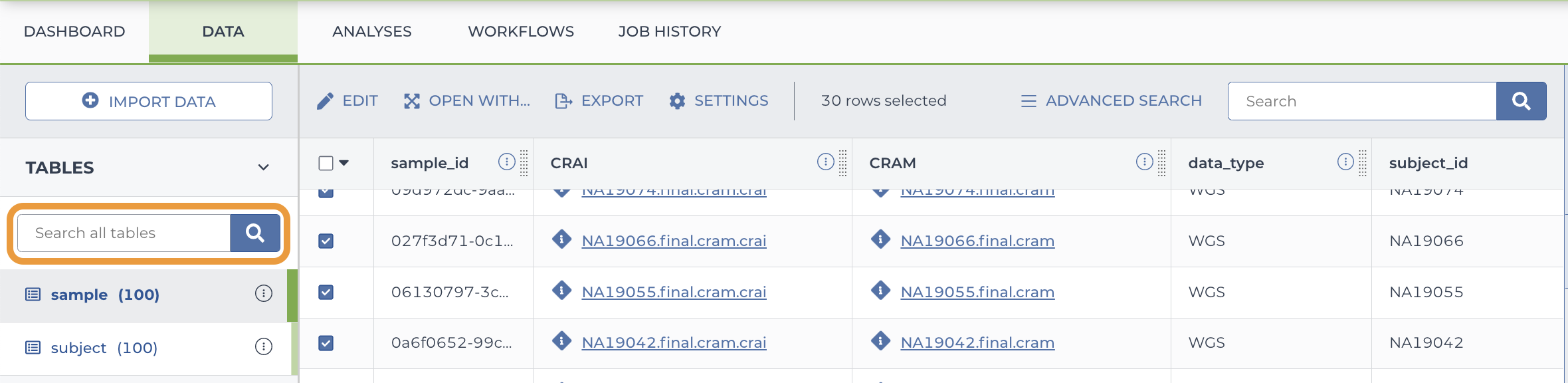 Screenshot showing the Data tab of an example Terra workspace. An orange rectangle highlights a search box on the left-hand panel, underneath the word 'Tables'.