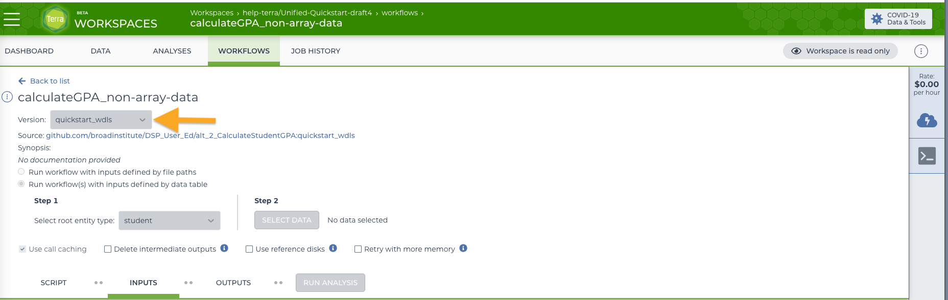 Screenshot showing an example workflow. An orange arrow highlights the Version (or Snapshot) drop-down menu at the top of the workflow configuration page. You can use this drop-down menu to select the correct version of the workflow.