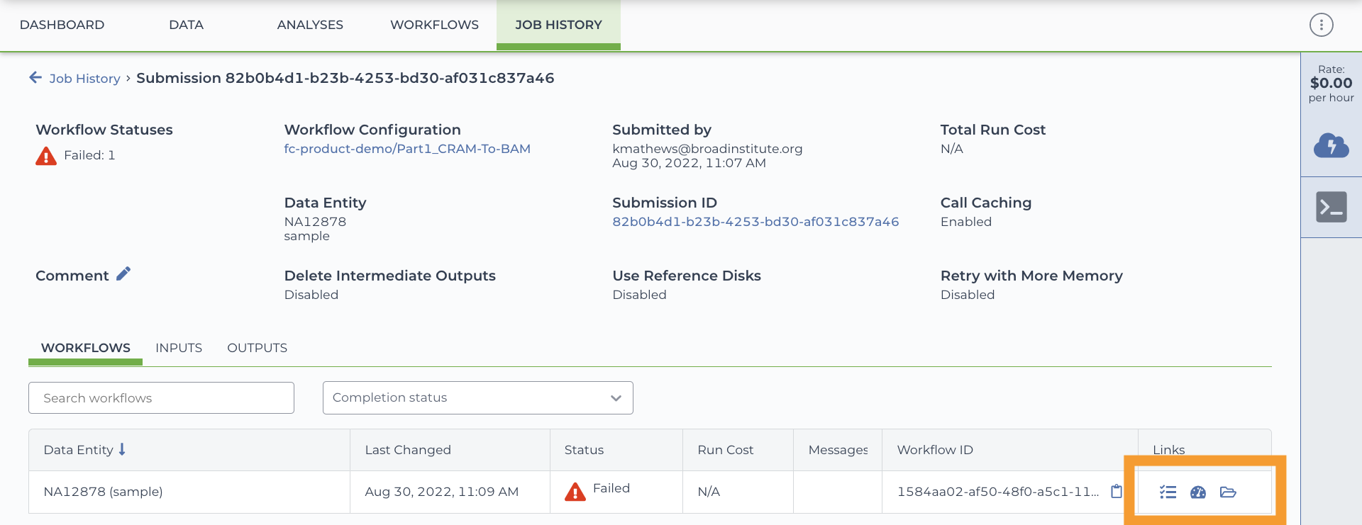 Screenshot of the Workflow submission page of an example failed workflow run. The image is annotated with an orange box highlighting the links to the Job Manager, Workflow Dashboard, and Execution Directory for the workflow.