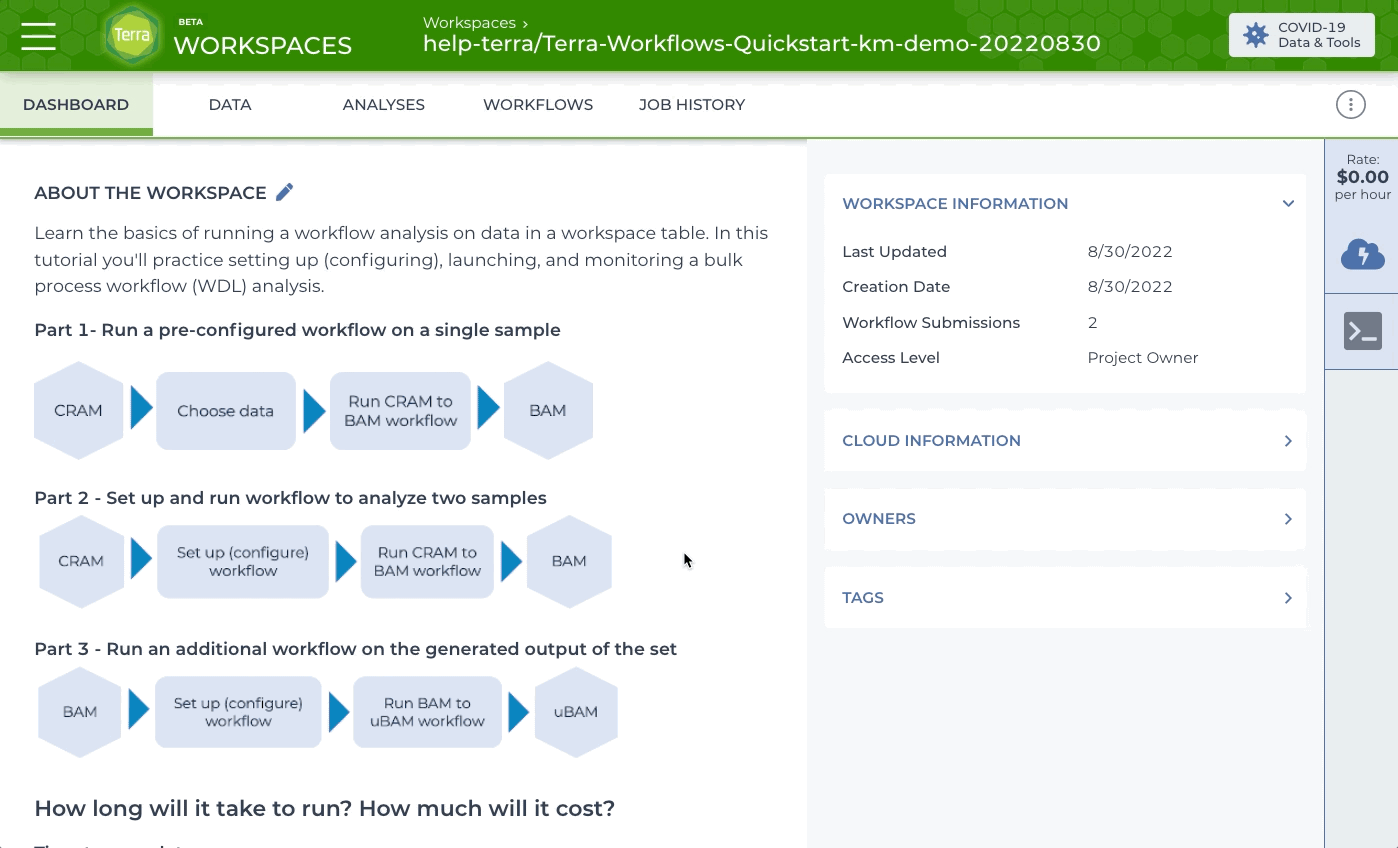 Gif of a Terra workspace showing the steps to open a workflow configuration page from the Workflows tab. First, the Workflows tab is selected followed by the the workflow to be run. The workflow configuration page opens where you can select data and specify inputs and outputs.